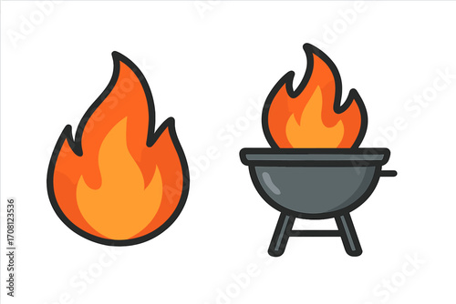 Fire icon and grill with flame vector set. Barbecue and bonfire cartoon illustration. Hot cooking and campfire concept. Flame silhouette for danger or energy symbol. Simple flat design.