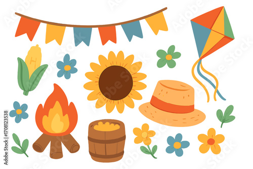 Festa Junina cartoon vector icon set. Brazilian June festival celebration elements. Collection for party invitation banner with bonfire, corn, straw hat, kite, and flags.