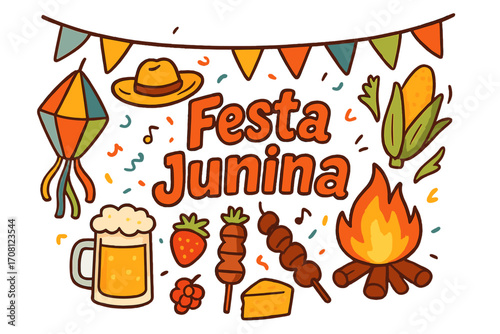 Vector set of Festa Junina elements. Brazilian June holiday party cartoon illustration. Doodle icons with bonfire, corn, lantern, hat and traditional food for banner.
