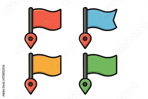 Set of colorful flag map pins. Location marker icon collection for navigation and destination concepts. Vector cartoon illustration of waypoints or milestones in flat design style.
