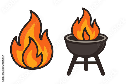 Fire flame and BBQ grill icon set. Vector cartoon illustration of a bonfire and barbecue. Symbol for hot, heat, cooking, camping, and grilling. Flame silhouette isolated.