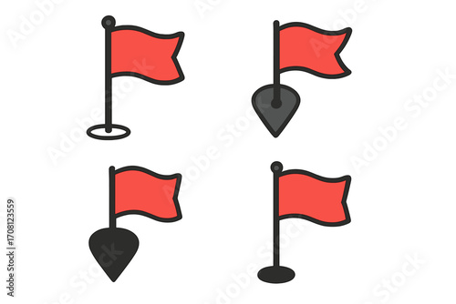 Red flag map pointer pin and flagpole icon set. Location marker, destination, goal, or finish line symbol. Flat cartoon vector illustration for gps navigation.