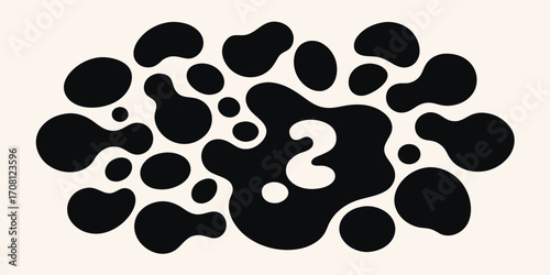 Question mark hidden in abstract black shapes design with retro aesthetic in white background for posters and creative projects