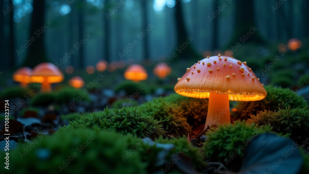 Fototapeta premium Glowing Mushrooms In A Dark Forest
