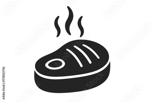 Grilled steak icon, hot meat with steam. Barbecue beef or pork symbol for restaurant menu. BBQ cookout food concept. Fresh butchery product. Vector silhouette illustration.