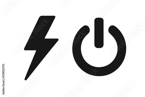 Power icon set with lightning bolt and on/off button. Electricity, energy, and technology symbols. Electric charge, voltage, and start/stop switch vector illustration.