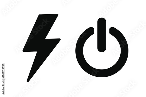 Power on off button and lightning bolt icon set. Electricity, energy, and charge symbol collection. Simple black silhouette vector for web, app, or interface design.