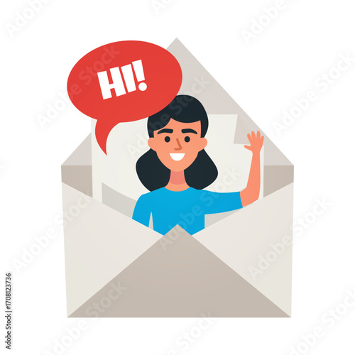 Friendly Message Woman Greeting from an Envelope with a Speech Bubble