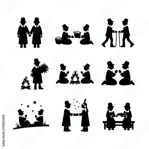 Vector art of pilgrim silhouette thanksgiving day concept with traditional characters in black and white vector style