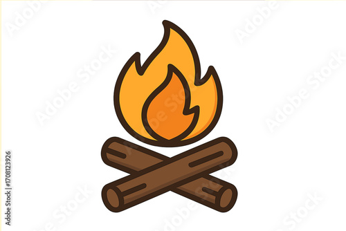 Campfire icon for camping and outdoor adventure. Bonfire symbol with burning wood logs. Vector illustration of a flame for summer camp, hiking, and survival themes.