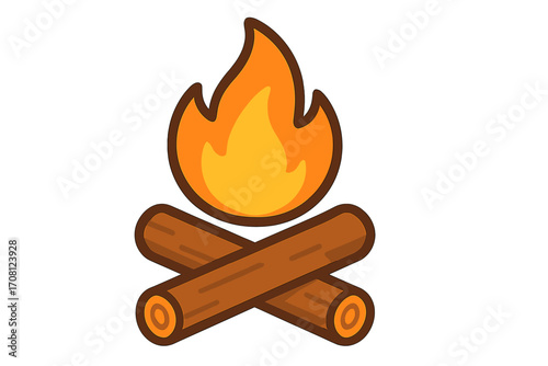 Campfire icon for outdoor recreation. Bonfire with burning logs symbol. Vector cartoon illustration for camping, hiking, and travel adventure concepts. Warm flame and wood heat.