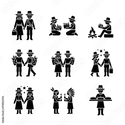Vector art of pilgrim silhouette thanksgiving day concept with traditional characters in black and white vector style