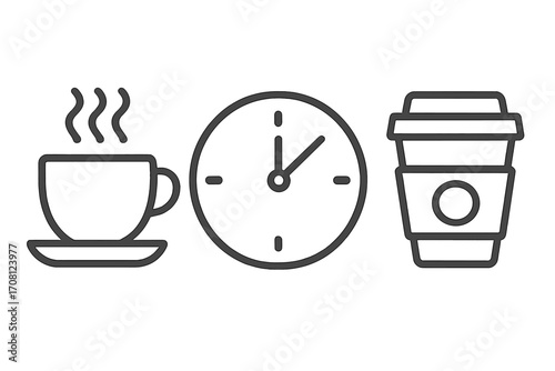 Coffee break time icon set. Vector linear illustration of a hot steaming coffee cup, clock, and takeaway paper cup. Morning routine, caffeine fix, and office beverage concept.
