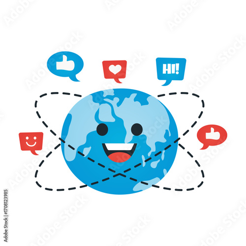 Global social network connectivity and digital communication on a smiling Earth