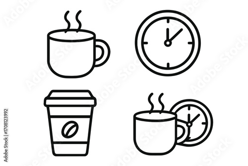 Coffee break icon set. Coffee time, morning routine concept. Vector line art with clock, mug and take away cup. Hot drink beverage symbol for cafe menu. Simple minimal graphic.