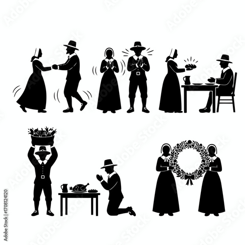 Vector art of amish family vector silhouette set, depicting dance, prayer, meal, and wreath making activities