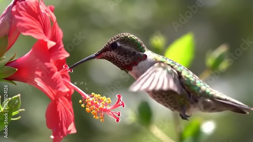 Close-up of a beautiful hummingbird hovering and drinking nectar from a vibrant red hibiscus flower in a sunny garden