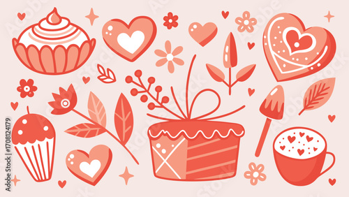 Romantic valentines day vector illustration with cupcake hearts flowers gift and coffee mug cute festive background design for print and web