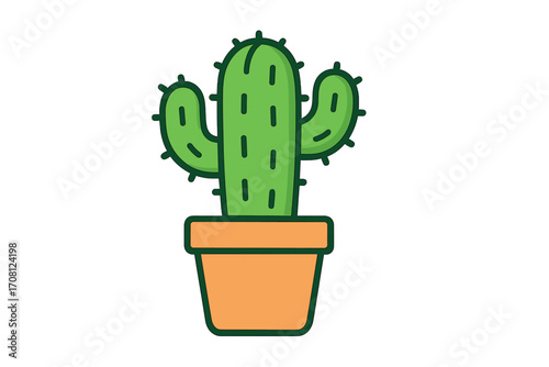 Cactus icon in a pot. Cute cartoon succulent plant vector illustration. Flat design houseplant, desert plant symbol. Saguaro cactus isolated on white background. Mexican nature art.