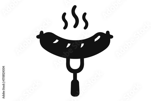 Sausage on fork icon. Grilled frankfurter or bratwurst pictogram. Hot barbecue food symbol with steam. Black silhouette for BBQ party, grill menu, butcher shop or snack. Vector.