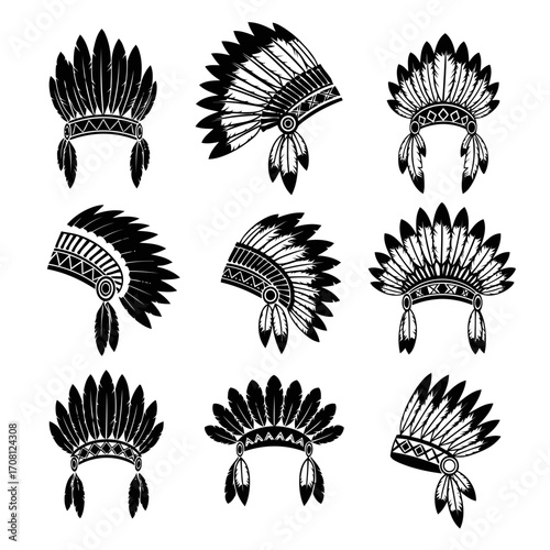 Vector art of collection of native american headdresses, featuring traditional feather warbonnets in various styles and designs