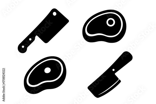 Butcher cleaver knife and steak meat icon set. Vector silhouette for butchery shop, restaurant menu or grocery store. Fresh beef, pork or lamb cut for bbq grill cooking.
