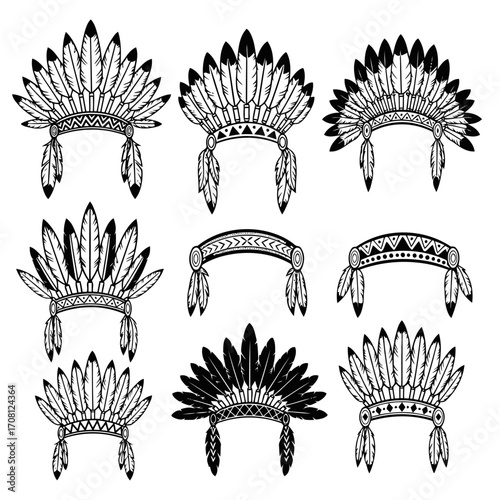 Vector art of collection of native american headdress in black and white silhouette, showcasing tribal culture