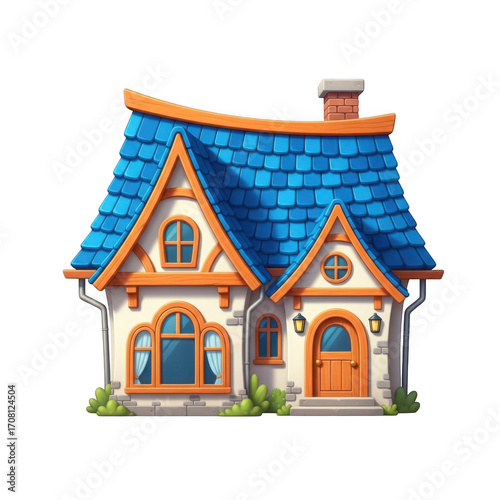 Cartoon house with blue roof isolated on transparent background, a cozy residence