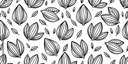 Seamless pattern featuring hand drawn almonds and leaves in a monochromatic palette perfect for textiles and backgrounds