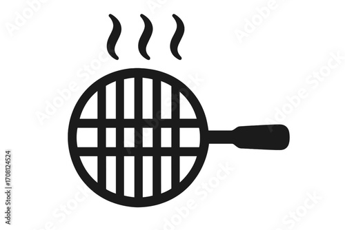 Barbecue grill icon vector. BBQ symbol. Silhouette for cooking food. Hot charcoal grate with steam. Concept for summer picnic, outdoor party, steakhouse menu, restaurant logo.