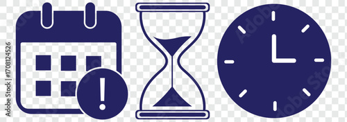 Time Management Vector Icons Set. Hourglass Timer Deadline Business Productivity. set of sand clock illustrations with varying frames and sand amounts. Hourglass shapes in multiple variations. Vector 