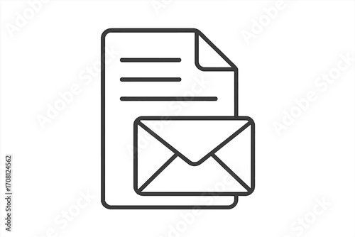 Mail icon with document. Letter and envelope line art. Business correspondence and communication concept. Vector symbol for message, newsletter, post, contact, and email.