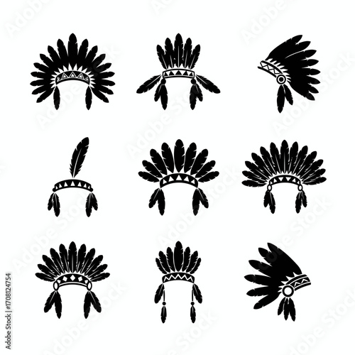 Vector art of set of native american indian chief headdress tribal traditional hat with feathers war bonnet vector illustration