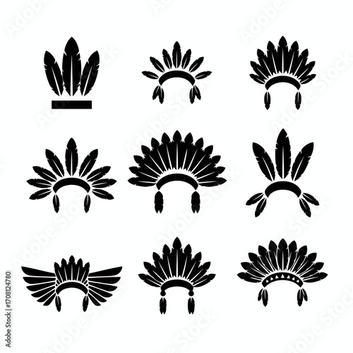 Vector art of collection of native american indian chief headdress tribal traditional hat with feathers war bonnet vector illustration