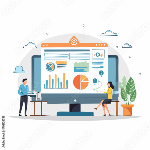 Data Analysis Team Reviewing Charts and Graphs on Large Computer Screen