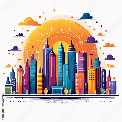 Vibrant Cityscape at Sunset Illustration