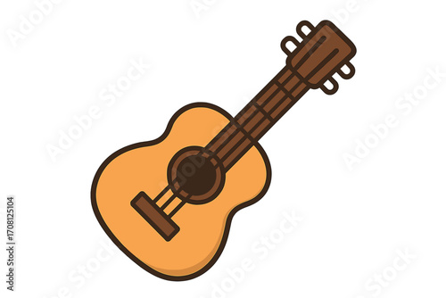 Acoustic guitar icon. Classic musical instrument symbol. Vector cartoon illustration. Flat style design element. Ukulele for folk, country music. String instrument for song.
