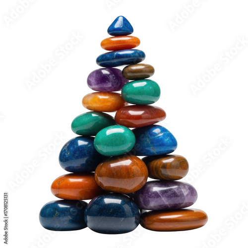 Stack of colorful stones balanced on top of each other isolated on transparent background