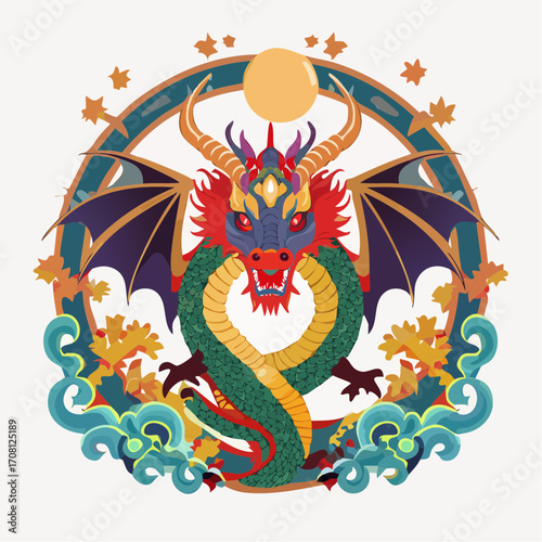 Mythical Dragon in Circular Frame with Celestial Elements