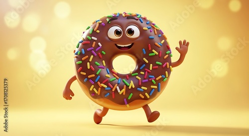 A cheerful, cartoon donut with colorful sprinkles, wearing a chocolate glaze, enthusiastically waves.