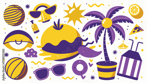 Summer vacation essentials in modern flat design beach elements sunglasses palm tree balls holiday mood and accessories