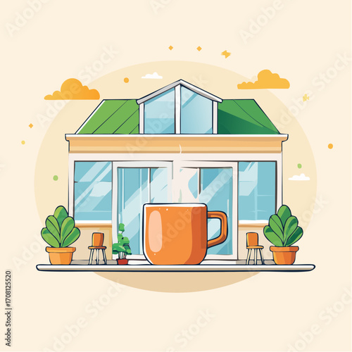 Large Coffee Cup in Front of Modern House Illustration