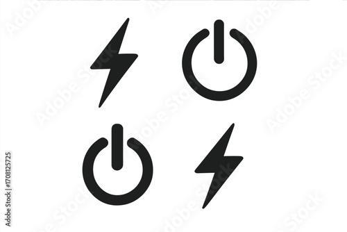 Black power on off button and lightning flash bolt icon set. Vector illustration. Electrical energy, technology symbol collection. Start, stop, charge concept for web design.