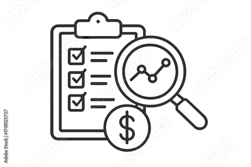 Financial analysis icon. Business audit, cost review, and budget planning. Checklist with market research data and investment growth chart. Financial report vector symbol.