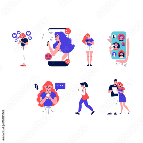 Social media and digital connection concept illustrations