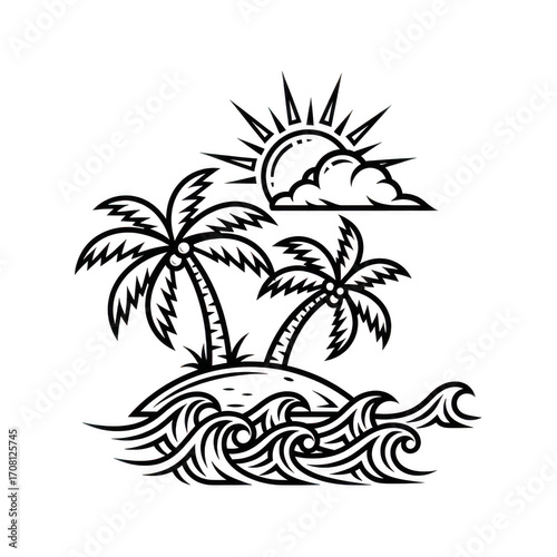 Tropical island with palm trees and ocean waves isolated on transparent background