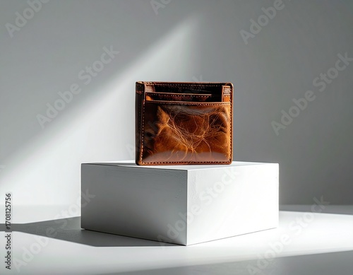 Recession, Leather wallet sitting on white pedestal under bright light in minimalist studio setup showcasing craftsmanship and luxury.