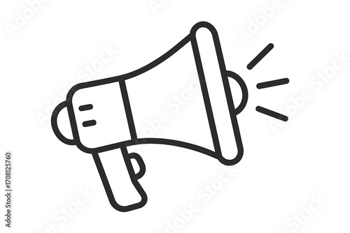 Megaphone icon for announcement and communication. Loudspeaker symbol for marketing, promotion, protest, and news. Bullhorn line vector illustration for public speech or alert.