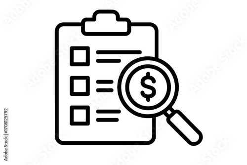 Financial audit icon. Budget review. Clipboard checklist and magnifying glass on dollar sign. Cost analysis, expense inspection, accounting report, business research concept.