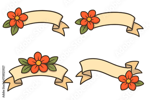 Set of retro ribbon banners with flowers. Old school tattoo style vector illustration. Collection of vintage scrolls and labels for text. Decorative floral design elements.